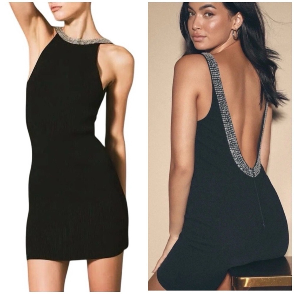 NWT Endless Rose Backless Jewel Trim Mini Dress Rib Knit Black Rhinestone Sz M